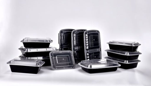 Sunrise Brands SR-989B 58 oz. Microwaveable Rectangle Takeout Container and Lid Combo, Black Base/Clear Lid, 150 ct.